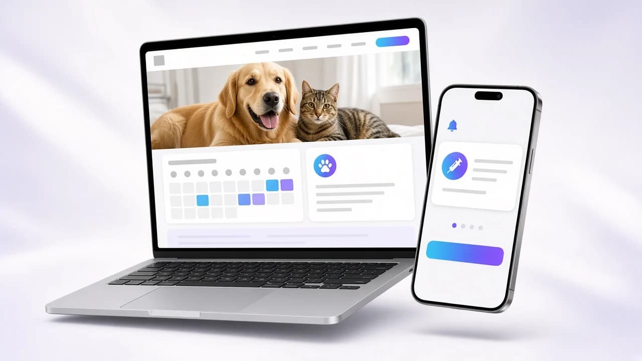 Állatorvosi rendelő weboldala laptopon és mobilon: online időpontfoglaló naptár szabad időpontokkal és oltási emlékeztető értesítés