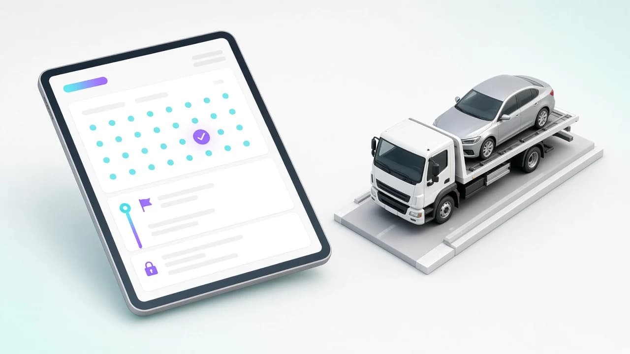 Tablet foglalási naptárral szabad időpontokkal, útvonal-kártyával és fix ár jelöléssel, mellette platós autómentő autóval
