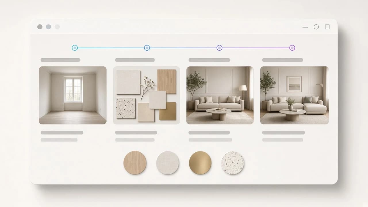 Projektoldal történetként: kiinduló üres szoba, anyagmintás moodboard, látványterv és megvalósult nappali egy idővonalon, alatta anyagminta-korongok