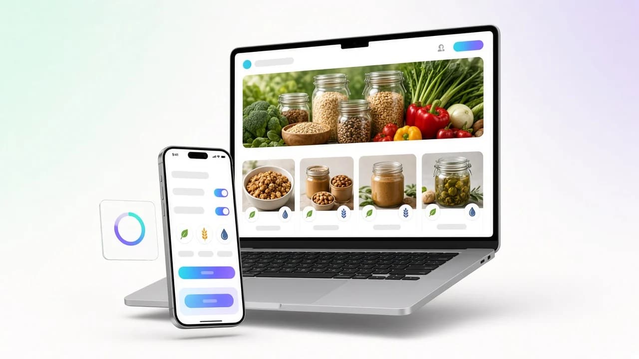 Biobolt webshop laptopon friss termékfotókkal és diétaikonokkal ellátott termékkártyákkal, előtte mobilon szűrőpanel kapcsolókkal, mellette törzsvásárlói pontgyűrű