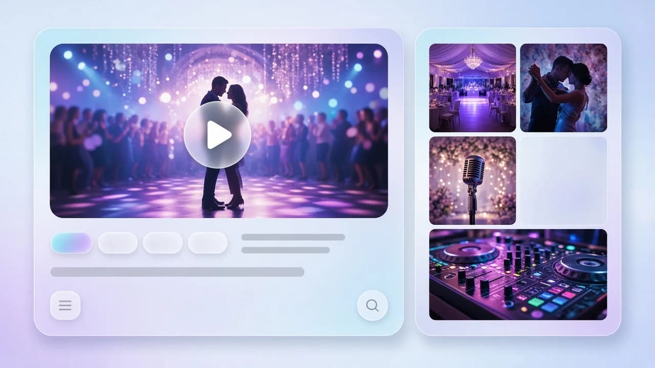 Bemutatkozó oldal üveghatású kártyákon: videó előnézet lejátszás gombbal és rendezvényfotók galériarácsa