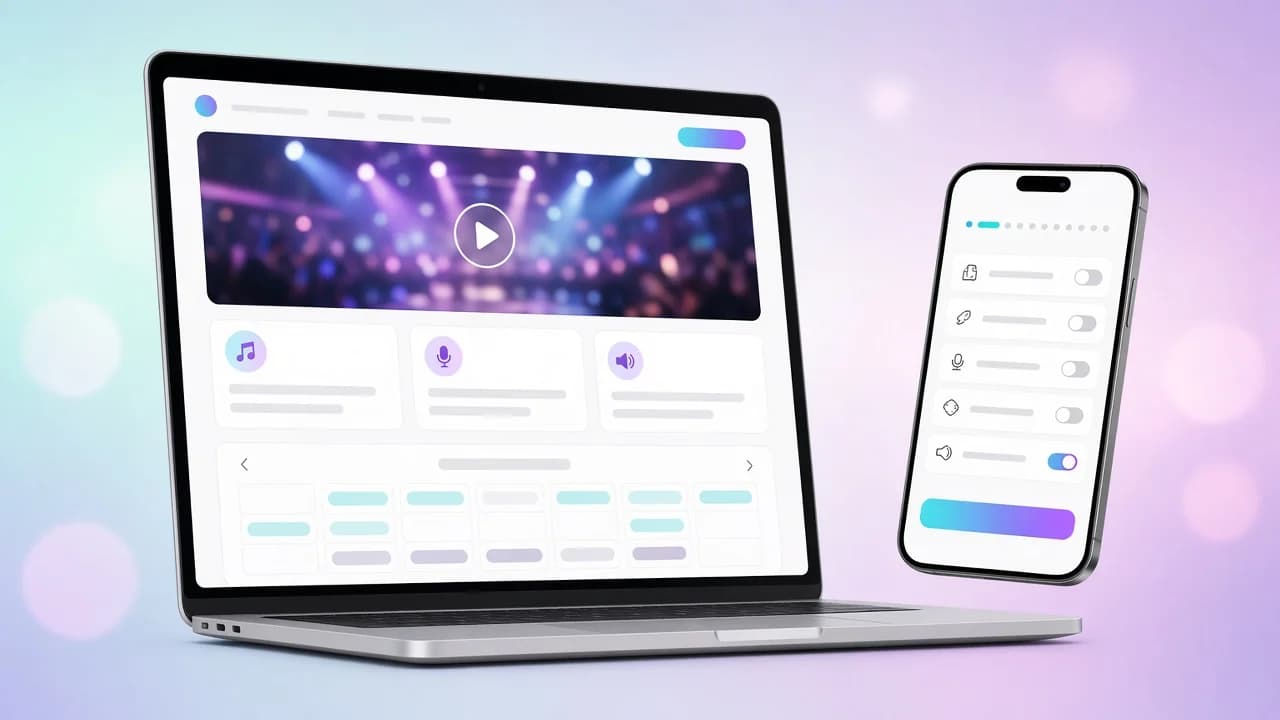 DJ-weboldal laptopon: bemutatkozó videó lejátszó, csomagkártyák és szabad dátumokat jelző naptár, mobilon zenei kérdőív lépése