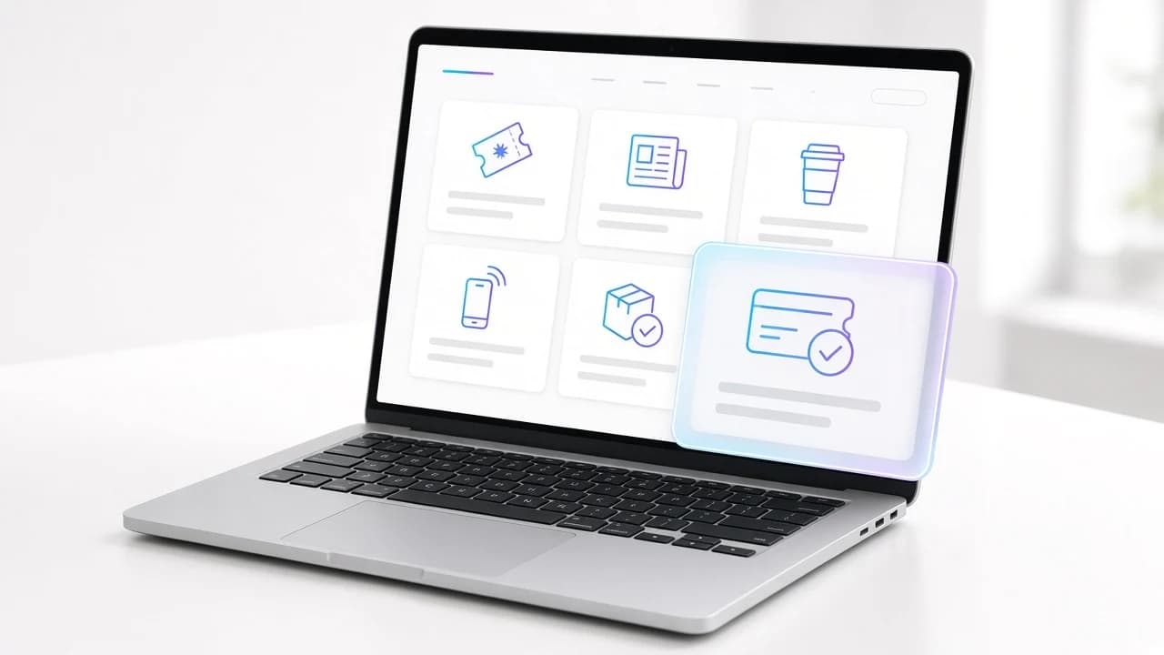 Kiegészítő szolgáltatások kártyái laptopon: lottó, újság, kávé, mobilfeltöltés, csomagpont és bérlet ikonnal, egy kártya kiemelve lebeg