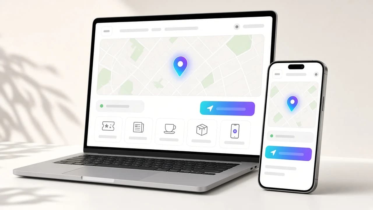 Dohánybolt-weboldal laptopon és mobilon: nagy térkép az üzlet helyével, nyitvatartás-jelző, útvonaltervező gomb és kiegészítő szolgáltatások ikonjai