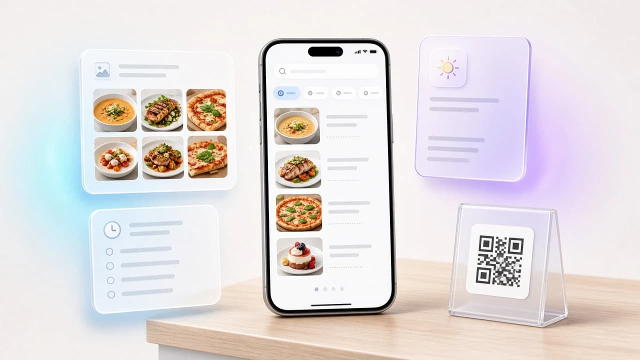 Mobilon jól olvasható, kereshető étlap ételfotókkal, galéria, nyitvatartás, napi menü és QR-kódos asztali tábla