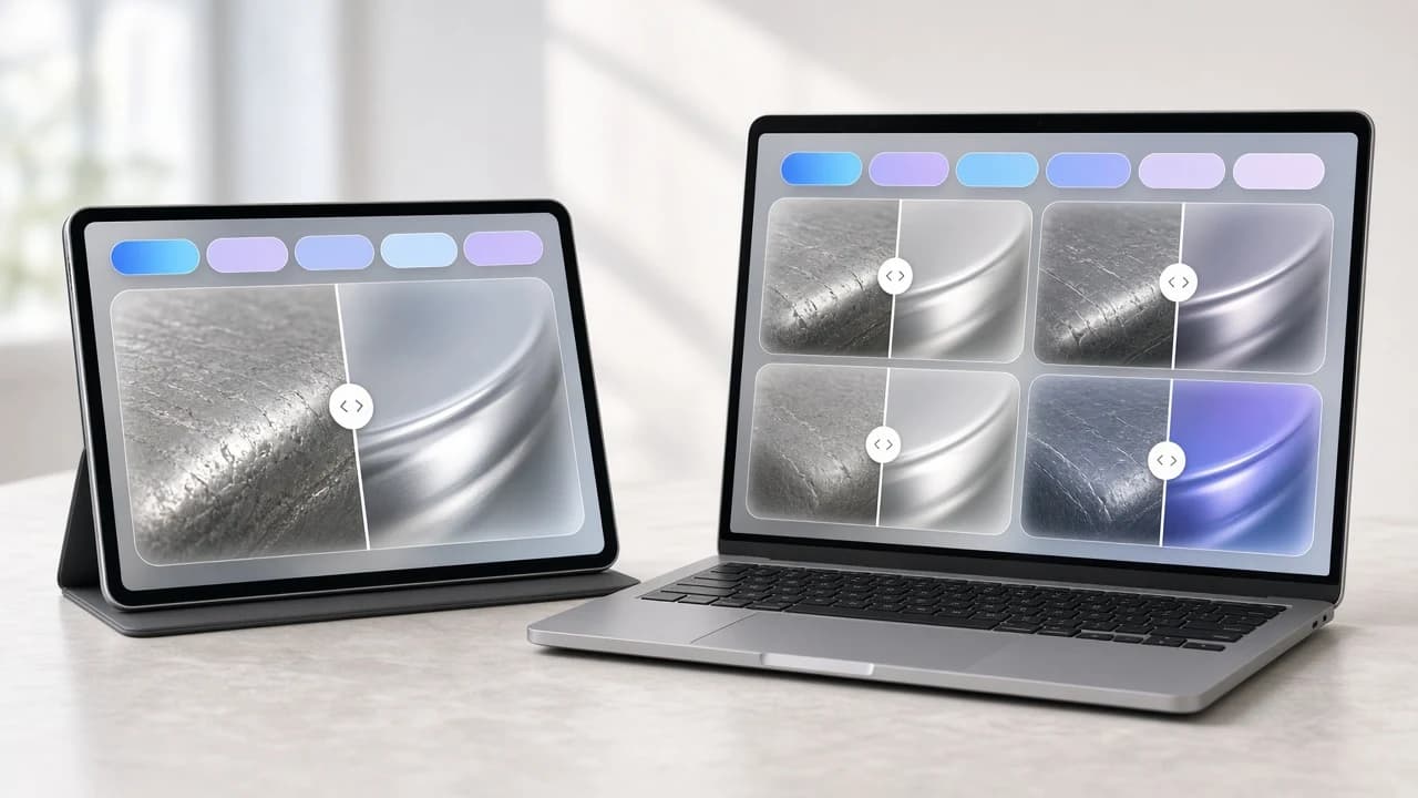 Előtte–utána galéria tableten és laptopon: osztott összehasonlító kártyák karcos és felújított felnikről, méret és szín szerinti szűrőkkel
