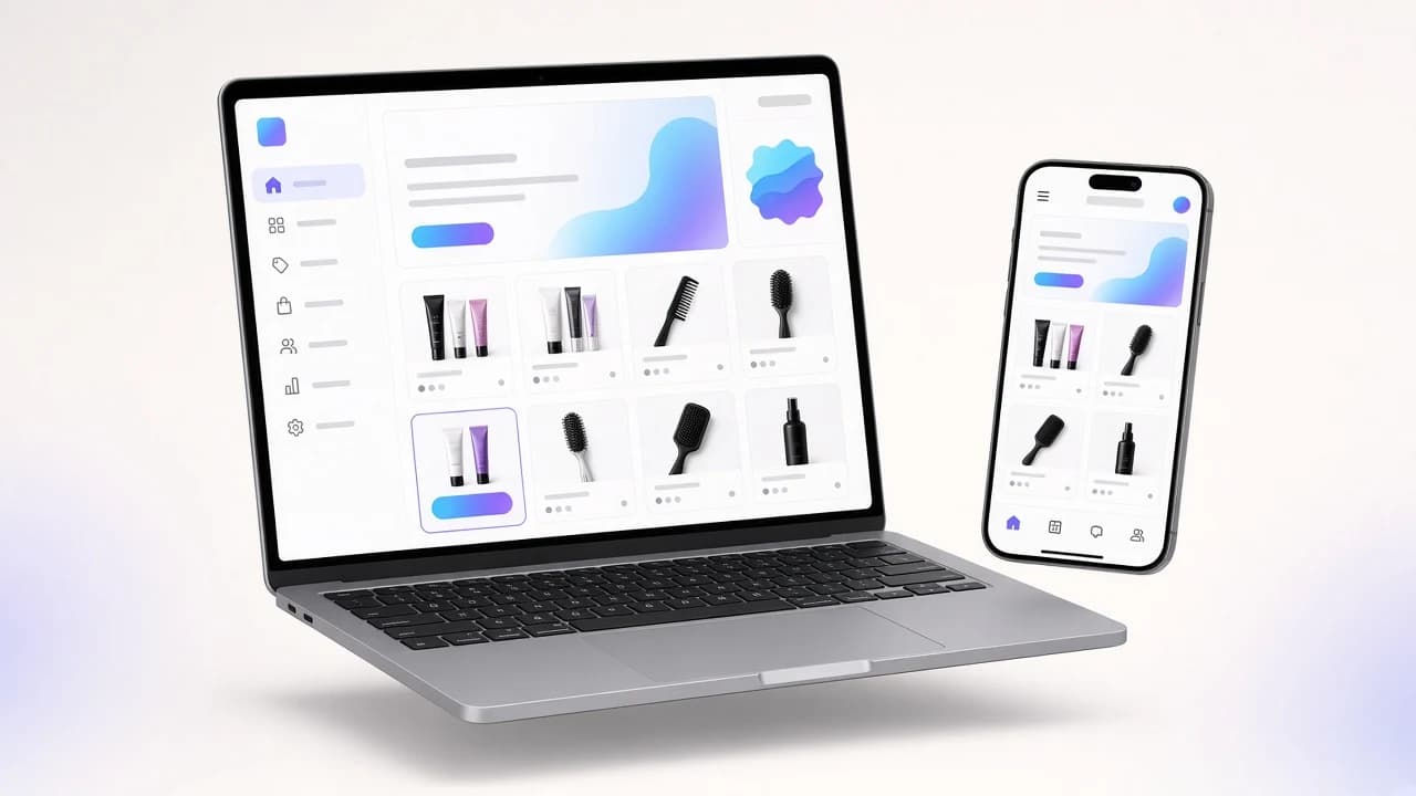 Szakmai fodrászkellék-webshop laptopon és mobilon: termékrács hajápolási termékekkel és eszközökkel, kiemelt újrarendelés gombbal