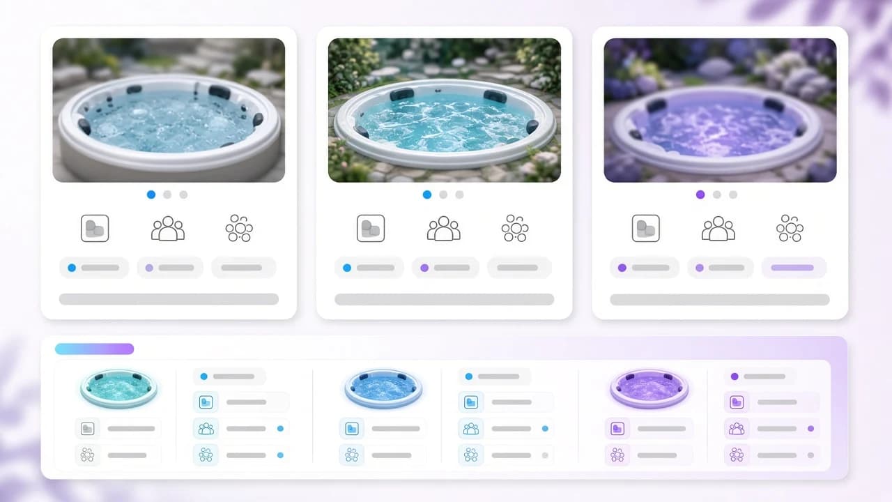 Termék-összehasonlító kártyák jakuzzi modellekkel, mérettel és opciókkal