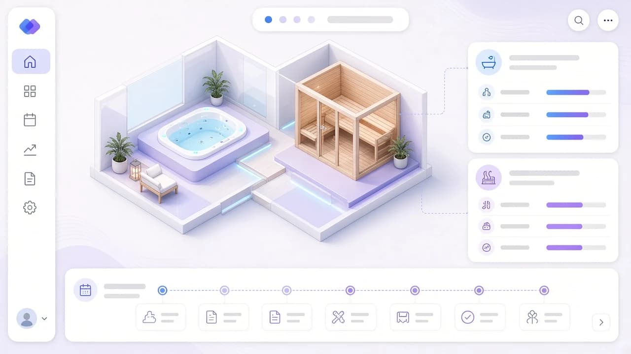 Otthoni wellness tervező felület jakuzzi- és szaunazónával, ütemtervvel