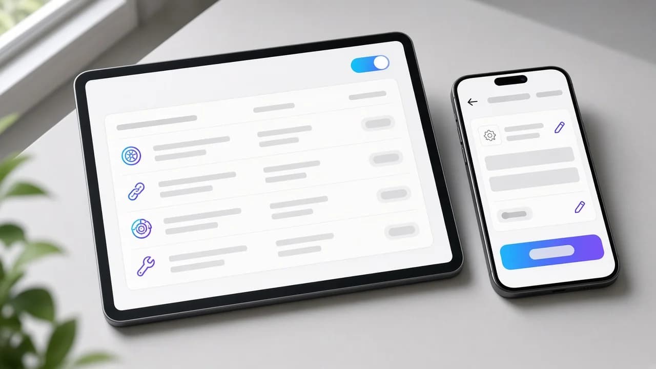 Szerviz árlista tableten, mellette a telefonos szerkesztőfelület, és kapcsoló a rész elrejtéséhez