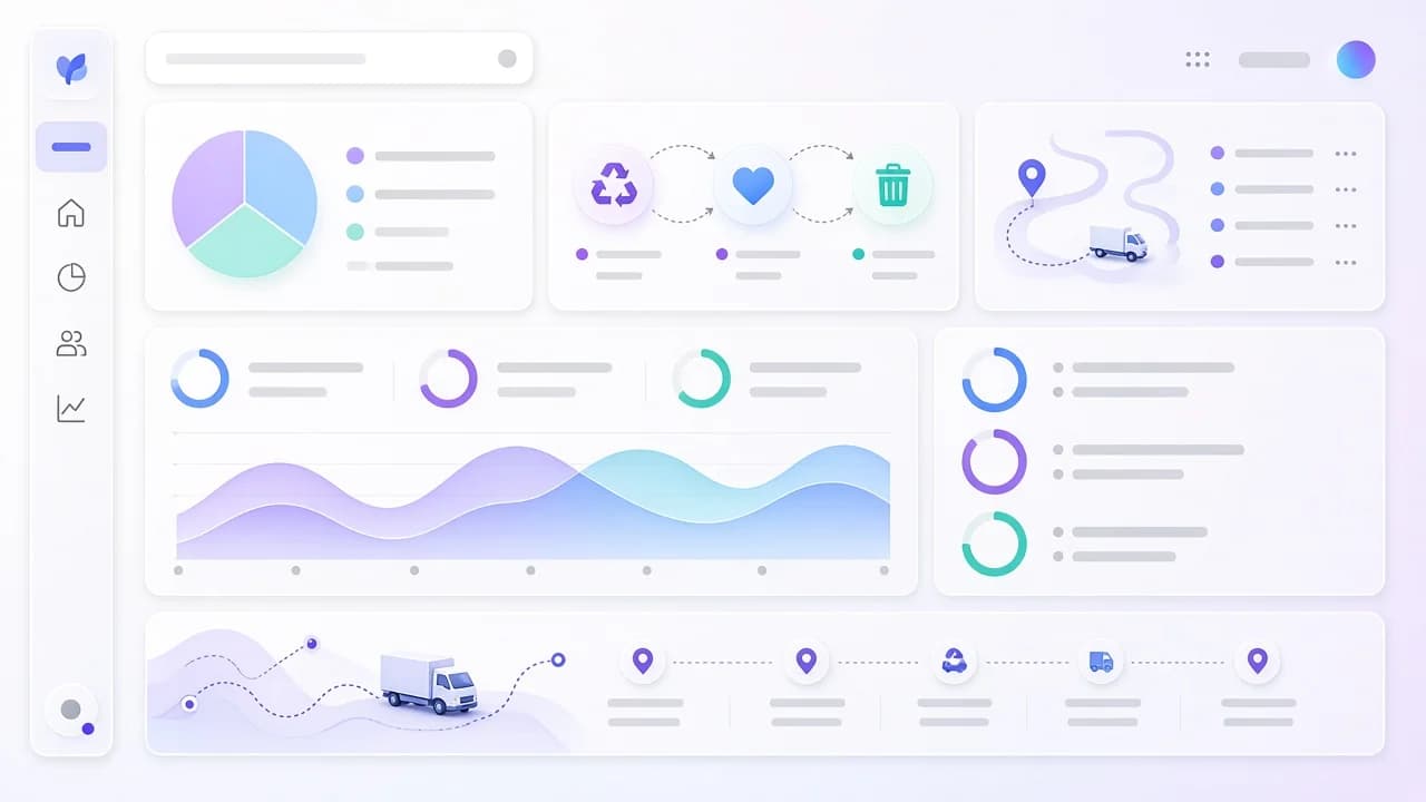 Újrahasznosítás–adományozás–lerakás áttekintő dashboard kördiagramokkal és útvonalkártyákkal