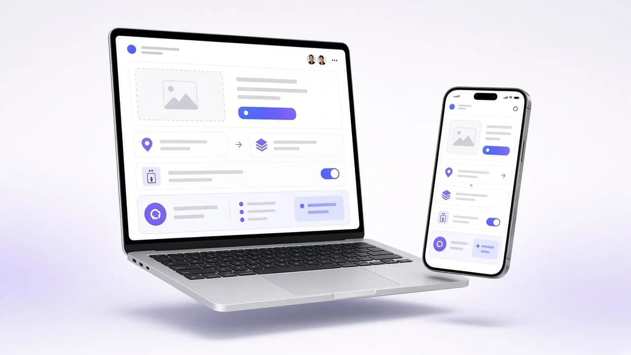 Lomtalanító ajánlatkérő felület laptopon és telefonon: fotófeltöltés, cím, emelet, lift