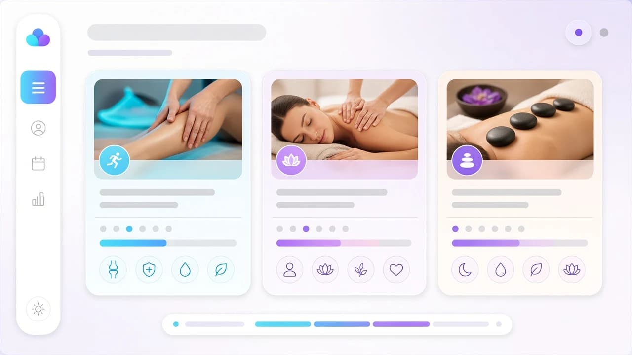 Masszázsfajta-választó: sport, svéd, hot stone kártyák időtartammal