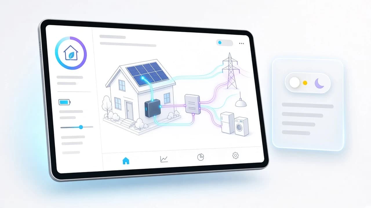 Akkumulátoros napelemes rendszer interaktív bemutatója tableten: ház napelemmel, hibrid inverter és akkumulátor energiaáramlással, önellátás mérő