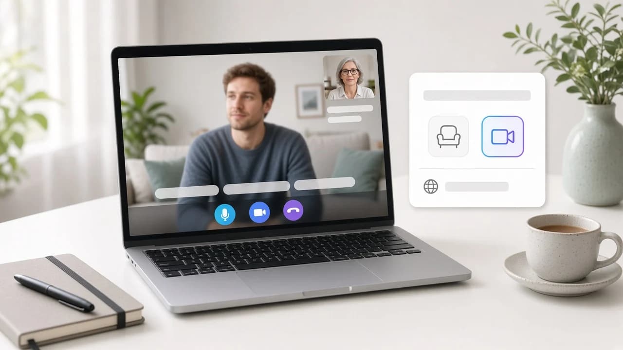 Online konzultáció laptopon videóhívás felülettel a kliens és a terapeuta képével, mellette kártyán személyes vagy online alkalom választása, az online kiválasztva