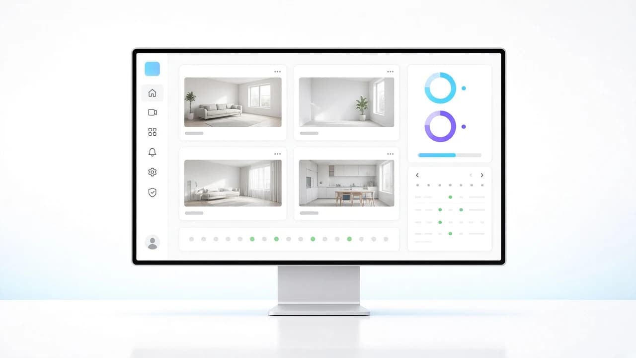 Távfelügyeleti dashboard monitoron: négy kamera előnézet, előfizetés gyűrűdiagramok és karbantartási naptár