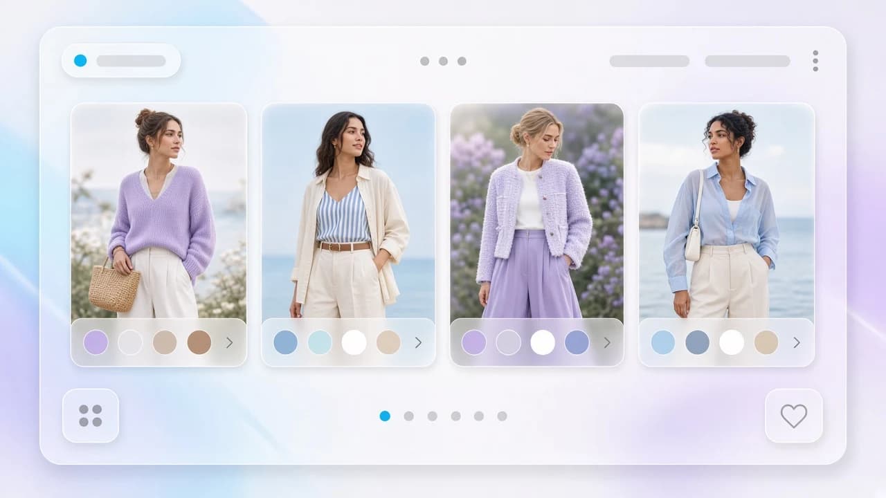 Szezonális lookbook kártyák modellfotókkal és választható színmintákkal