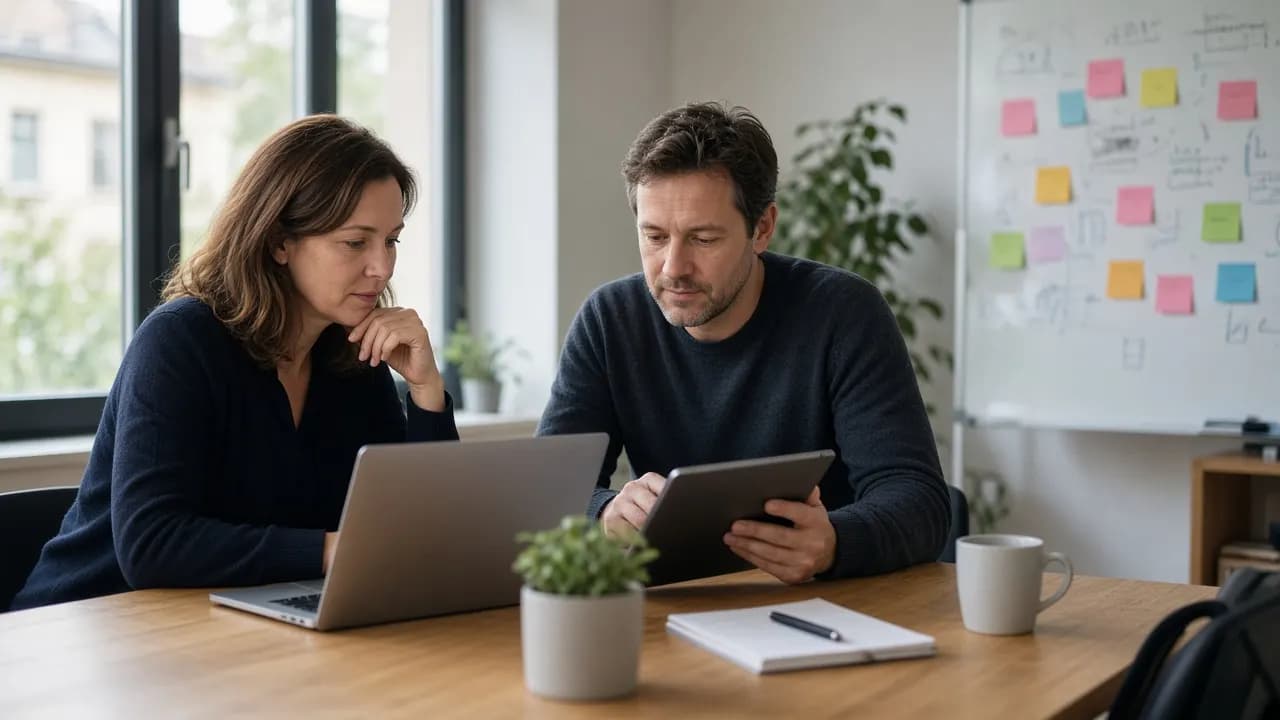 Két kolléga laptop és tablet fölött egyeztet egy tárgyalóban, az üvegfalon cetlik