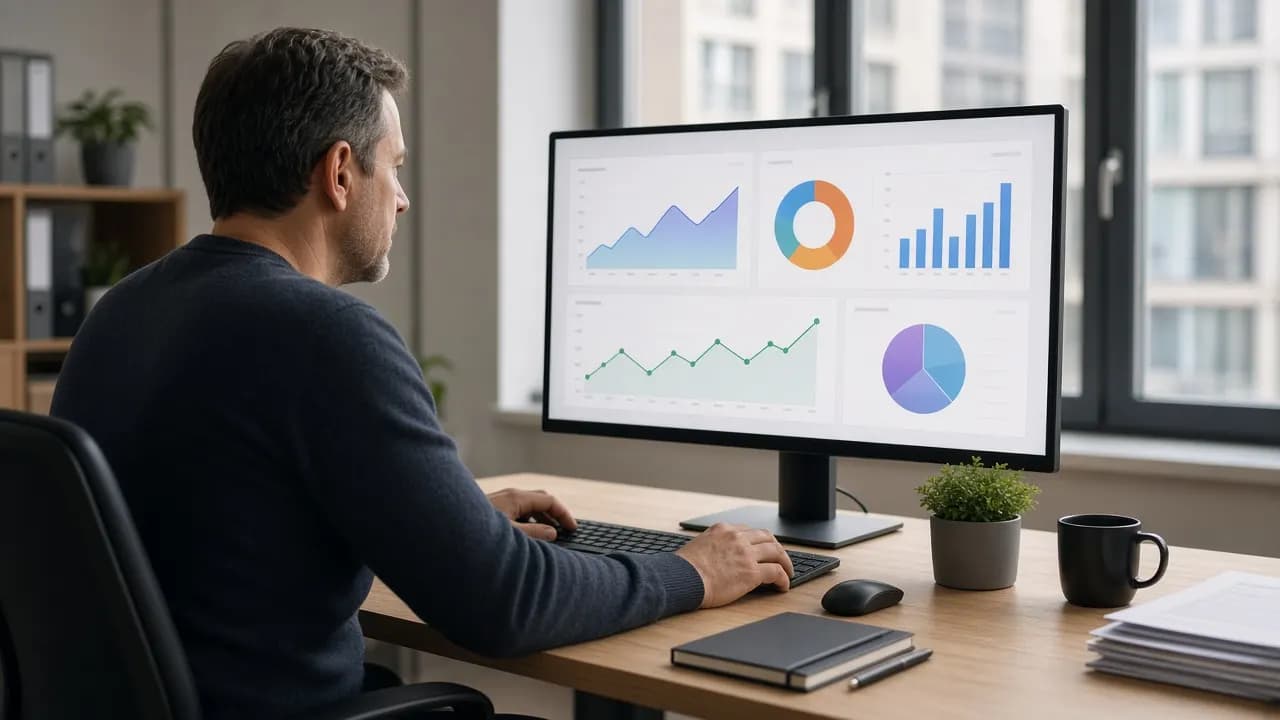 Kisvállalkozás vezetője letisztult kezelőfelületet használ egy nagy monitoron egy modern irodában