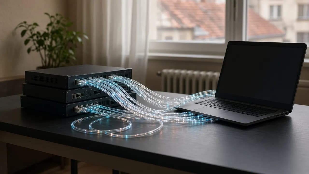 Világító optikai kábelek kötnek össze szervereszközöket és egy laptopot egy sötét asztalon