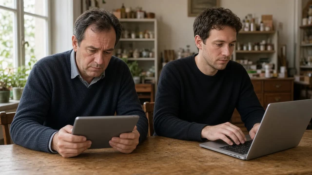 Aggódó boltos tabletet néz egy kis üzletben, mellette egy fejlesztő nyugodtan javítja a hibát laptopon