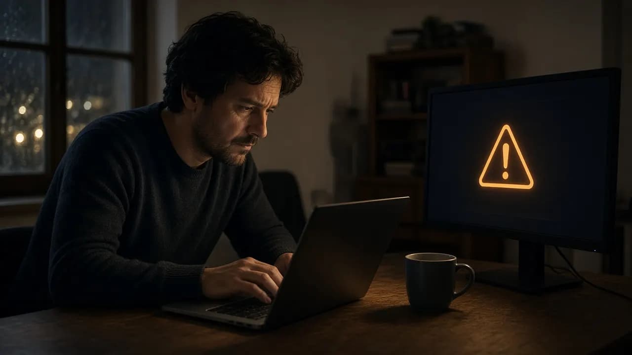 Fejlesztő éjszaka laptopon hibát keres, a másik monitoron figyelmeztető jelzés világít