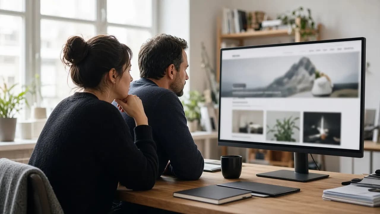 Tervező és fejlesztő egy megújított weboldal elrendezését nézi át egy nagy képernyőn egy világos stúdióban
