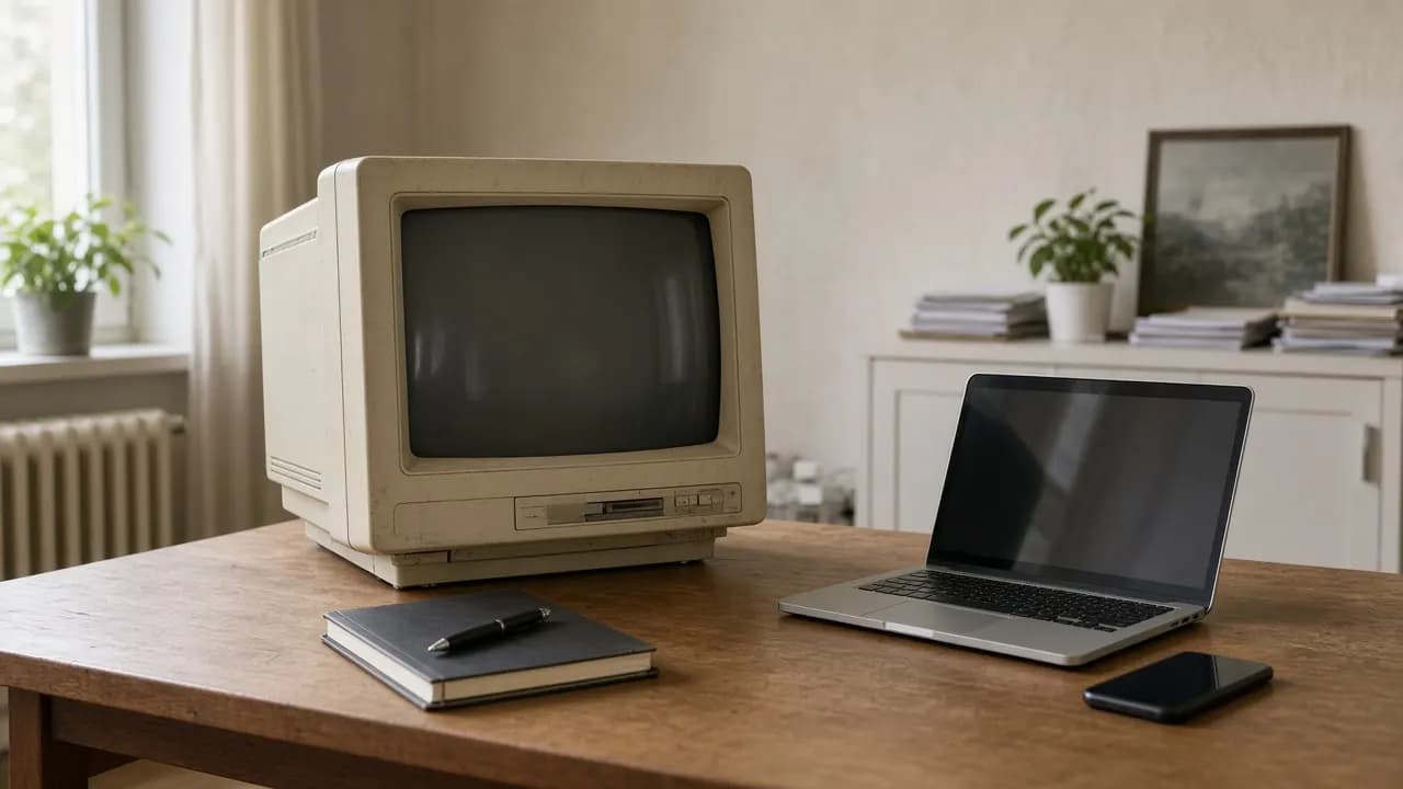 Egy asztalon egymás mellett egy régi, megsárgult CRT monitor és egy modern laptop telefonnal