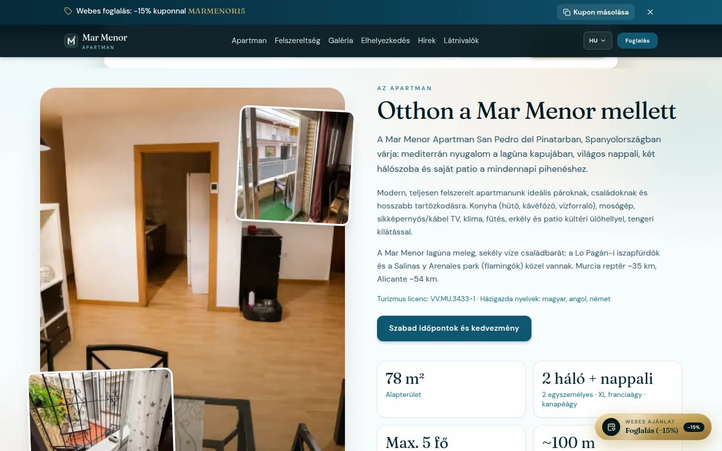 Szálláshely weboldal apartman bemutató oldala