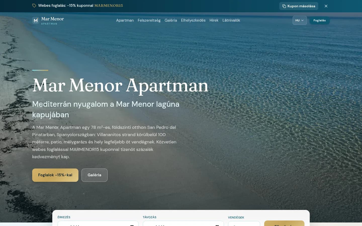 Mar Menor Apartman weboldal főoldala asztali nézetben