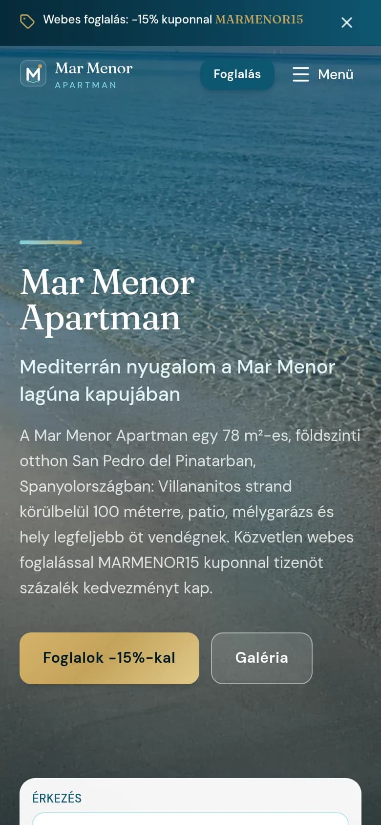 Mar Menor Apartman weboldal mobilnézetben