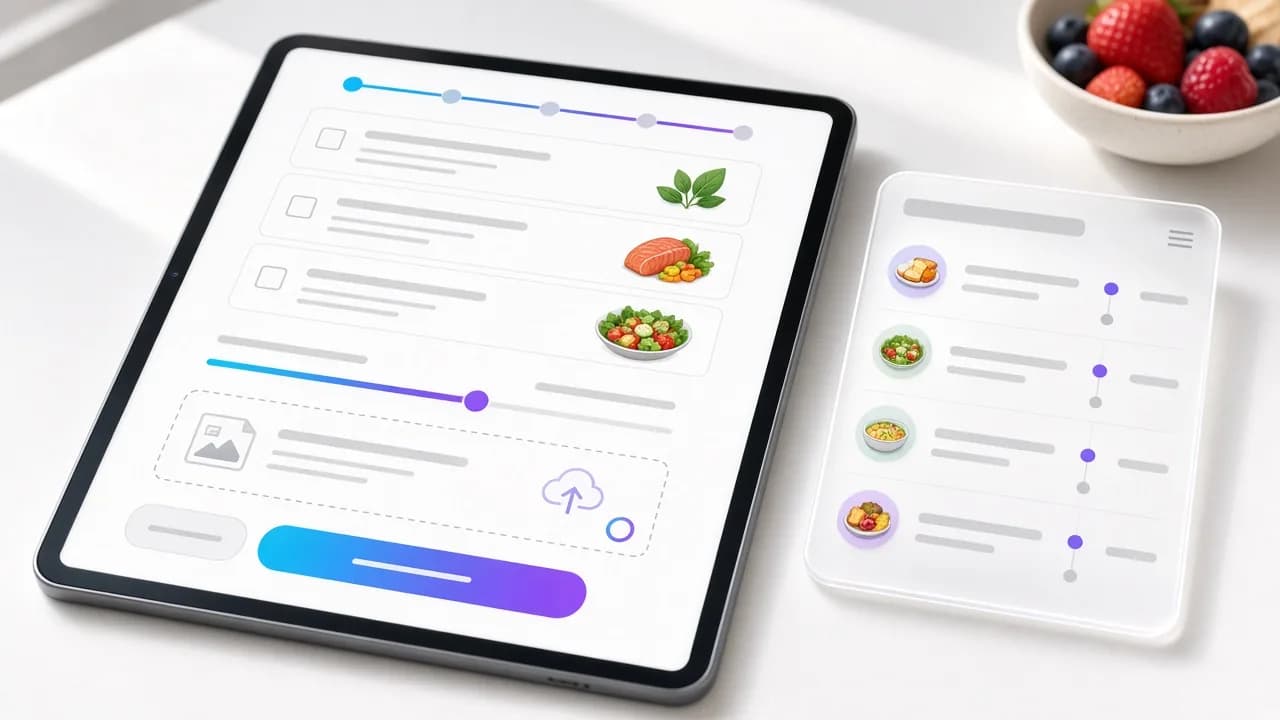 Online előzetes kérdőív tableten lépésjelzővel, ételválasztóval és leletfeltöltéssel, mellette táplálkozási napló étkezésenként