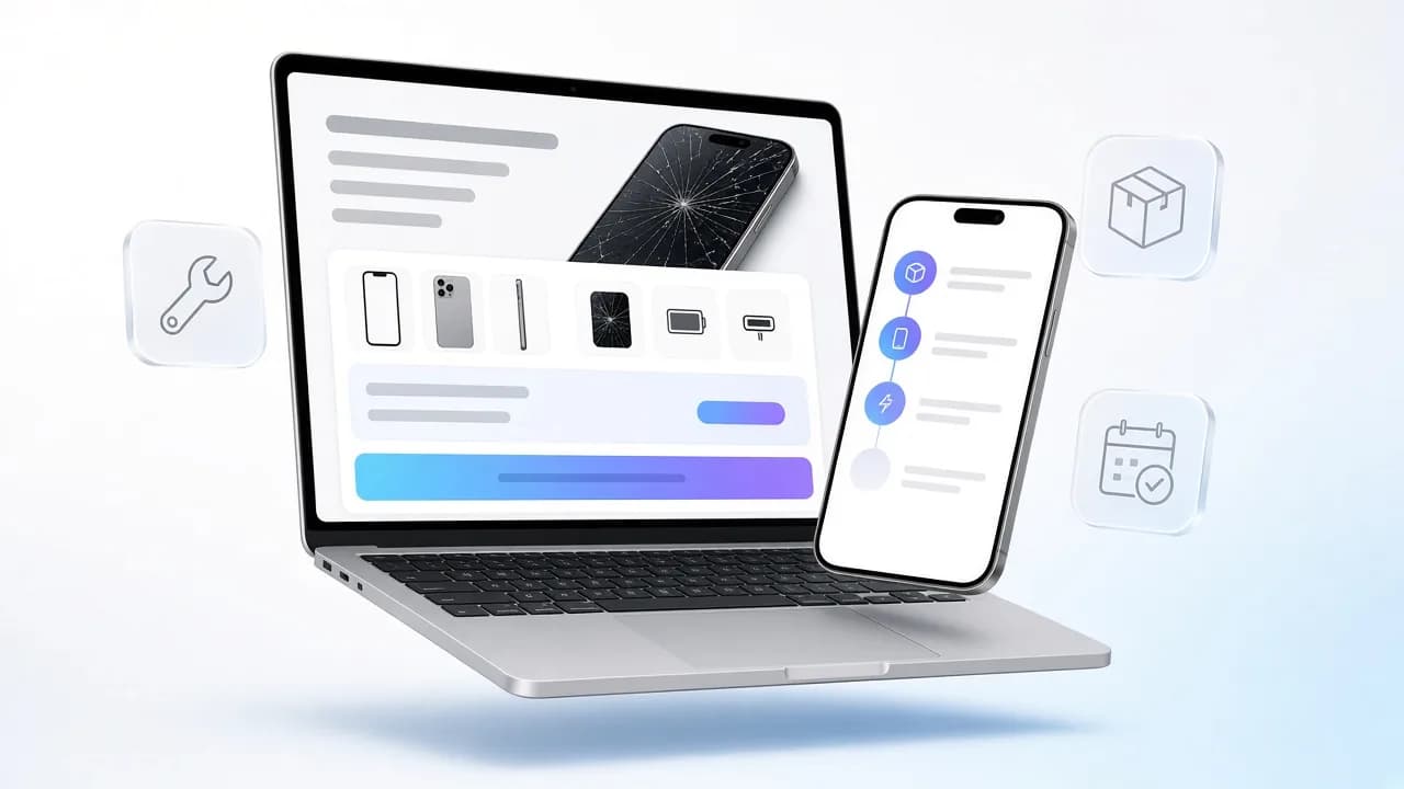 Telefonszerviz weboldala laptopon és telefonon: árkalkulátor típus és hiba szerint, javításkövetés lépésekkel, futáros beküldés és időpontfoglalás