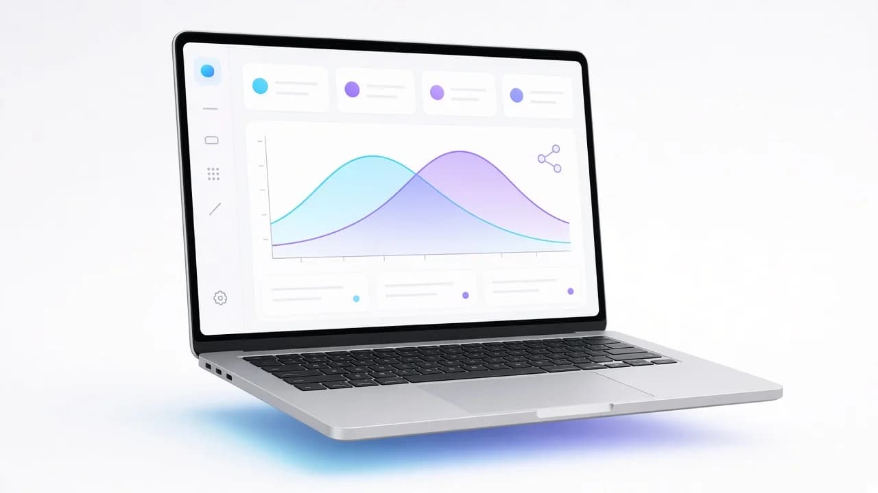 Dyno dashboard laptopon: előtte–utána teljesítménygörbék cián–lila átfedéssel, megosztható jelentéskártyák