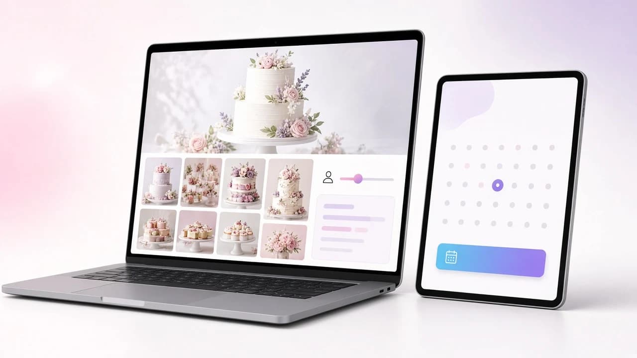 Esküvői torták aloldala laptopon: nagy esküvőitorta-fotó, galéria, létszámcsúszka és becslés, tableten kóstolófoglaló naptár