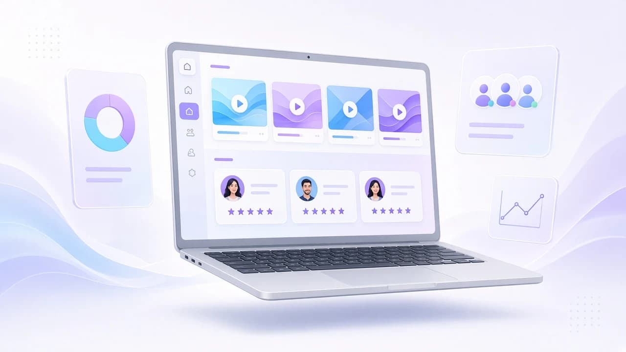 Online edzésprogram-kártyák videóelőnézettel és ügyféltörténet szekció laptopon