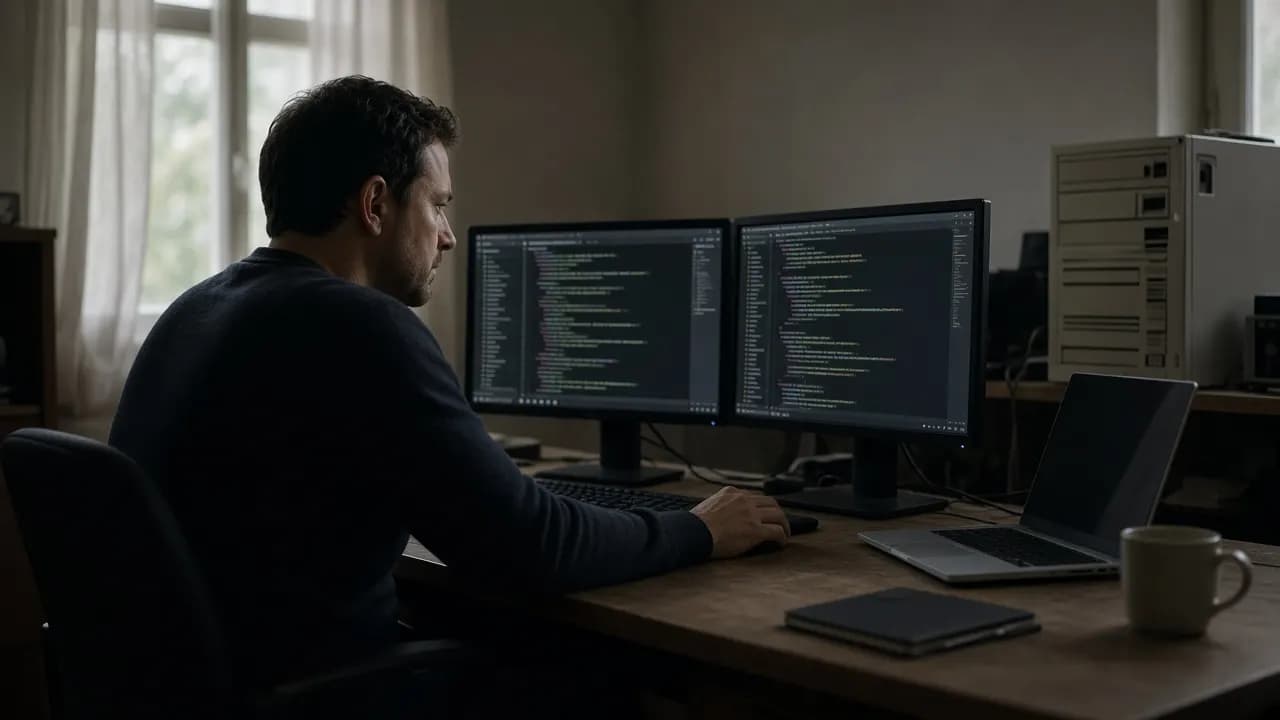 Fejlesztő két monitor előtt egy régi üzleti rendszer kódját alakítja át, a háttérben egy régi szervergép és egy modern laptop