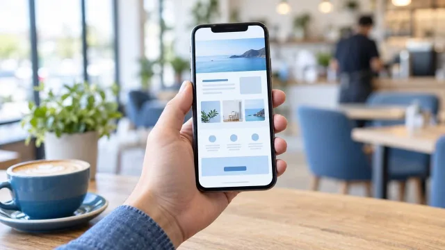 Telefon kézben, mobilbarát weboldal-elrendezéssel