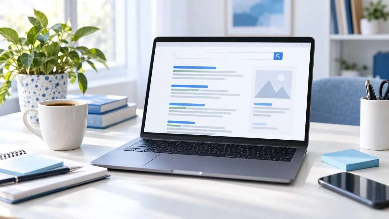 Laptop keresési találatokkal és jegyzetek az asztalon