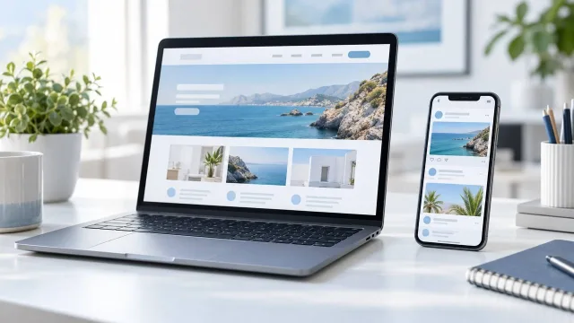 Laptop és telefon: weboldal és közösségi profil