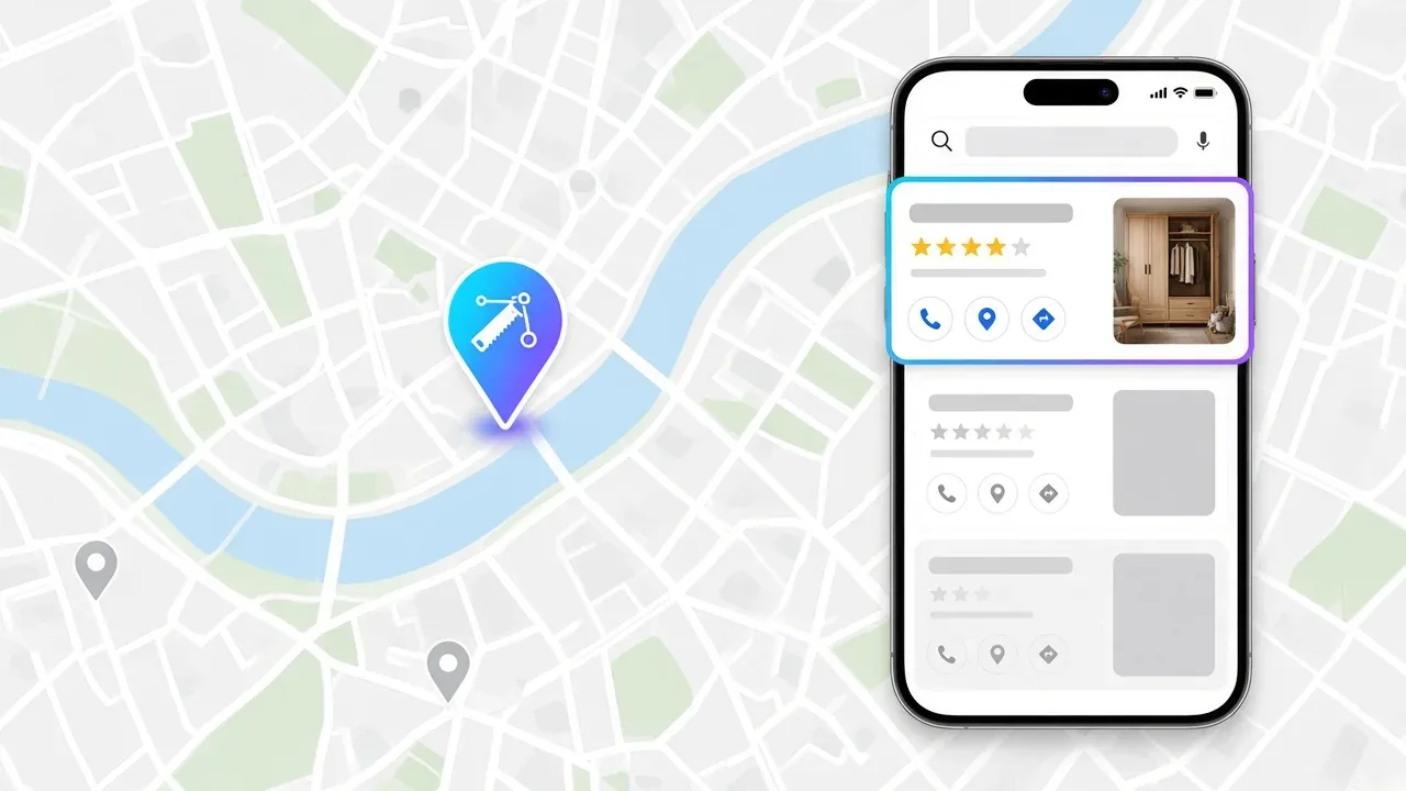 Helyi keresés mobilon: térkép kiemelt asztalosjelzővel és első helyen álló, értékelt asztalos-kártya gardróbfotóval