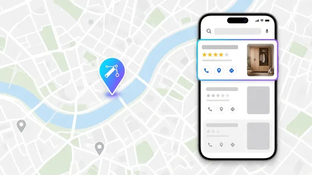 Helyi keresés mobilon: térkép kiemelt asztalosjelzővel és első helyen álló, értékelt asztalos-kártya gardróbfotóval