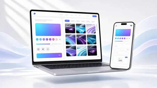 Laptop és telefon: színválasztó, galéria és ajánlatkérő űrlap fotófeltöltéssel