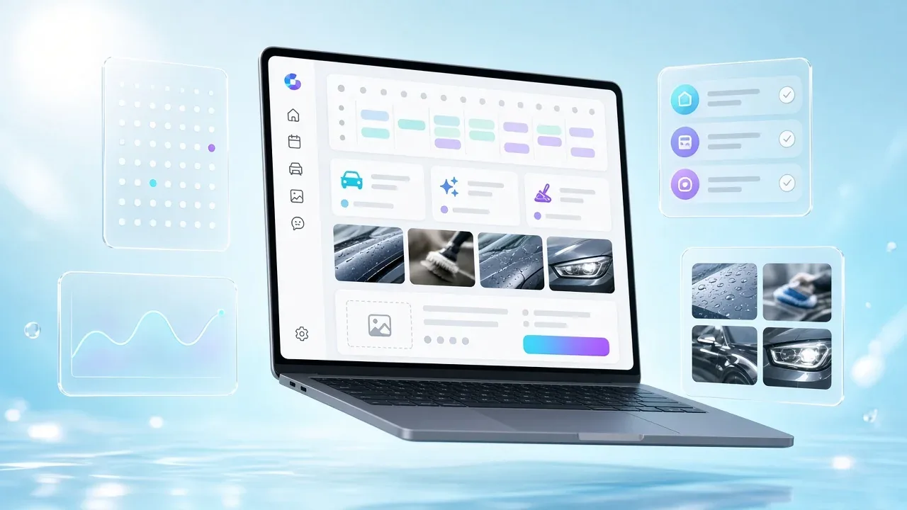 Laptop dashboard: foglalási naptár, csomagok, előtte–utána galéria és ajánlatkérő