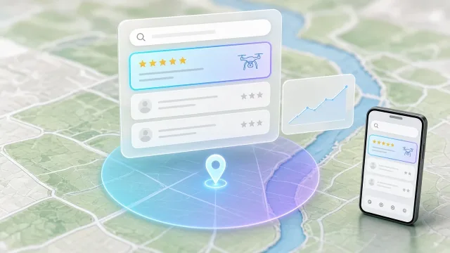 Helyi keresési találatok regionális térkép fölött kiemelt drónos felmérővel, szolgáltatási körzettel és növekvő forgalmi görbével, mobilon is