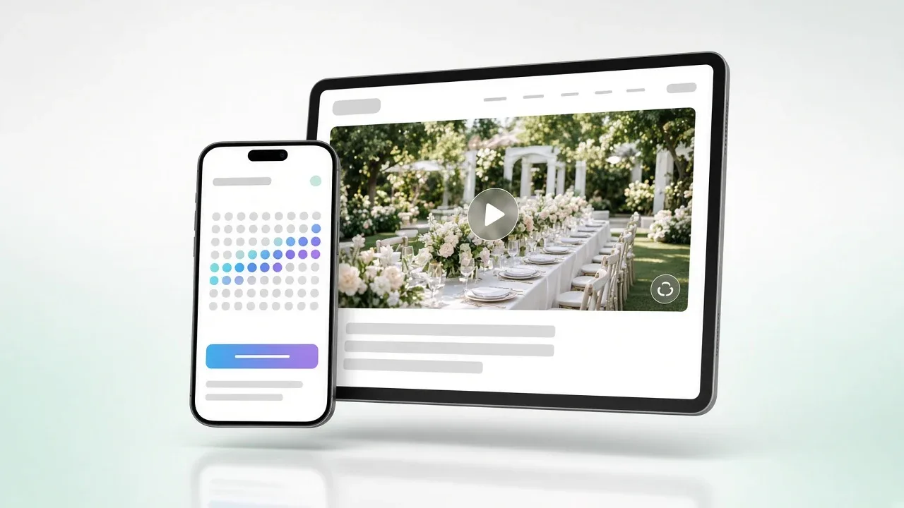 Esküvőhelyszín weboldala tableten videós galériával és virtuális bejárással, mobilon szabad dátumokkal