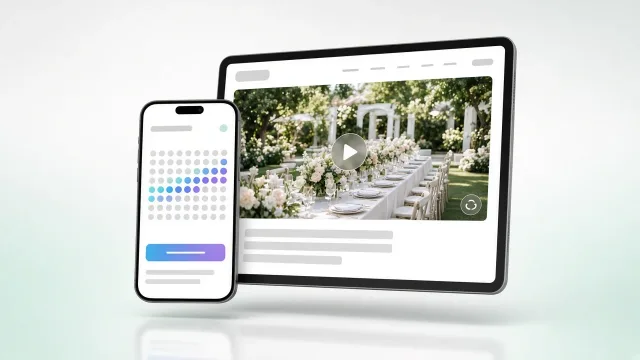 Esküvőhelyszín weboldala tableten videós galériával és virtuális bejárással, mobilon szabad dátumokkal