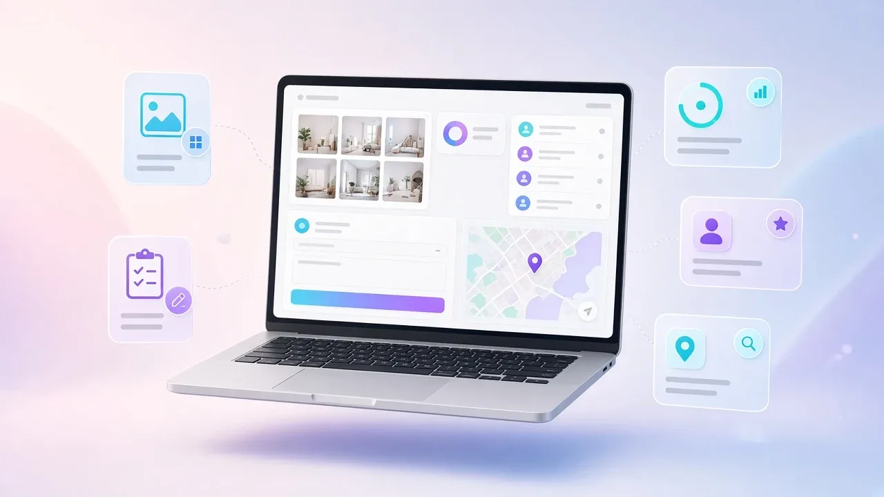Weboldal funkcióáttekintés laptopon: galéria, munkafelvétel, kapacitás, érdeklődőlista és helyi SEO csempék
