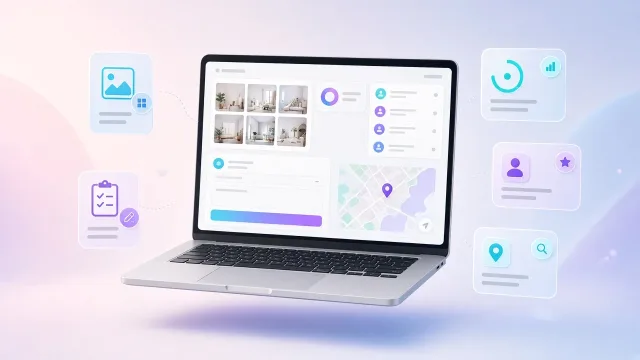 Weboldal funkcióáttekintés laptopon: galéria, munkafelvétel, kapacitás, érdeklődőlista és helyi SEO csempék