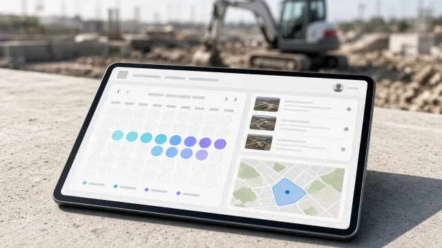 Tablet építési telken: szabad napok naptára, beérkezett munkák terepfotókkal és munkaterület-térkép
